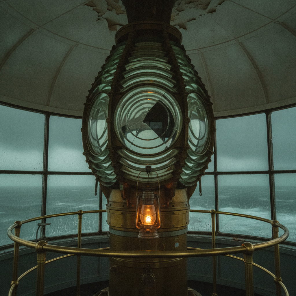 AI-generated canon set still of a lighthouse lantern room used to lock the location across shots